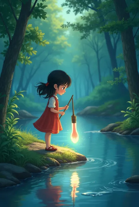 a girl finds a brush in a river , When you play it this one shines ,  in studio Ghibli anime style