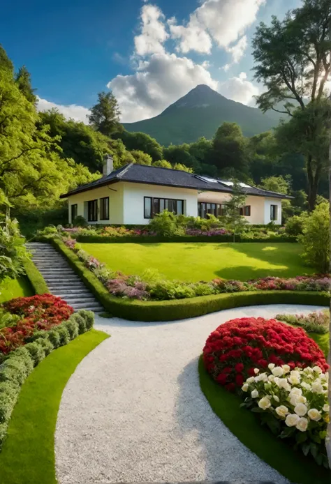 " A modern house in classical style,  surrounded by a neat green garden .  The house is in the middle of a stunning natural landscape : background in the form of mountains , dense green forest .  Clear sky with thin white clouds ,  and the sun shines warm ...