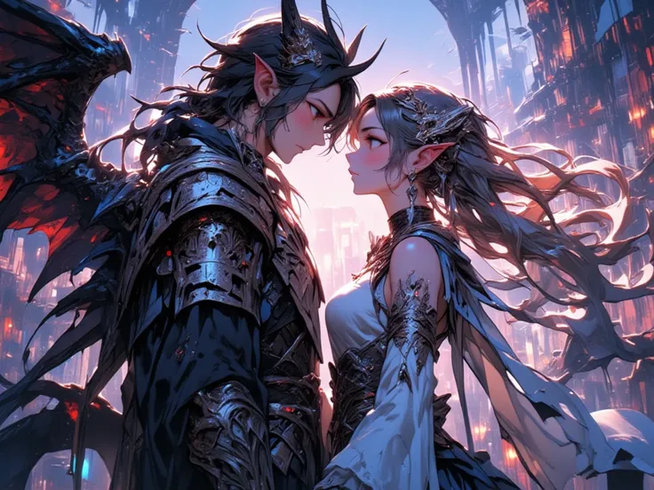 A side view of a couple gazing into each others eyes, the man with short horns and demon wings, the woman as an elf with long flowing hair, digital art, fantasy, beautifully detailed, ethereal atmosphere, soft lighting, vibrant colors, romantic setting, ma...