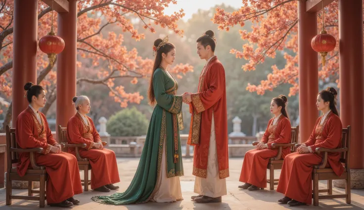Tang Dynasty, The girl is wearing green , the boy wears a red Hanfu , Golden autumn October , and bear fruit ,Pomegranate tree, and the two go into the wedding hall 。 man and woman face to face,Man and woman bend over each other , Bow to each oth...