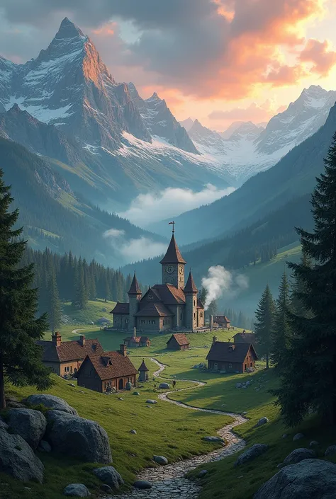  A magical kingdom called Lothar located in an enchanted valley ,  surrounded by imposing mountains covered with snow and green forests . In the center of the scenery,  a small Valdorian village made of rustic houses of stone and wood ,  with smoke coming ...