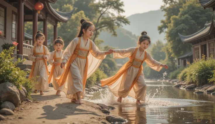 Tang Dynasty, soft natural light ,The camera moves slowly , A group of girls and boys play by the small river at the head of the village,They are wearing Hanfu , the sun shines on them 。