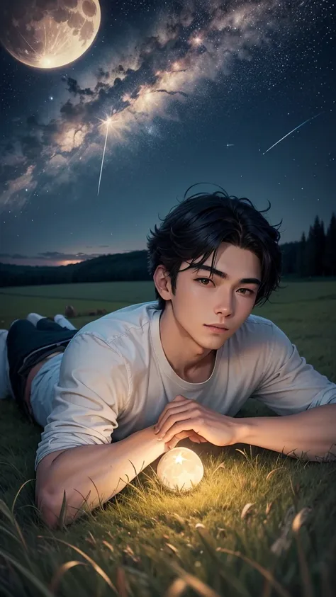 A young man is lying on the grassland  and watching the shooting star at night .  Cold blows of wind are going and Grass is waving . Sky is full of stars. And there is a beautiful big moon. 