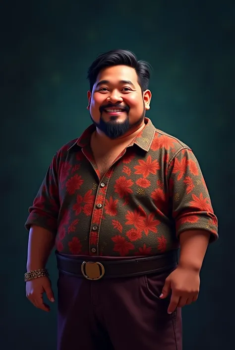 make Disney Pixar poster movie. The character is a little bit fat indonesian man. The man with thin beard and long slick back hair. dark background