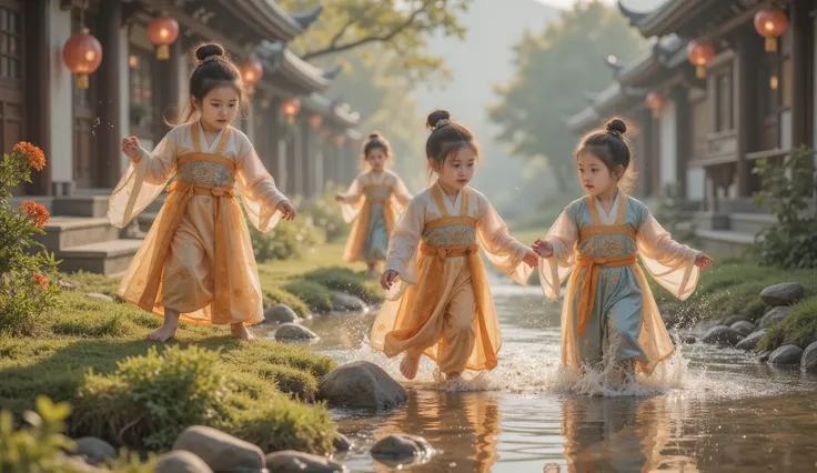 Tang Dynasty, soft natural light ,The camera moves slowly , A group of girls and boys play by the small river at the head of the village,They are wearing Hanfu , the sun shines on them 。