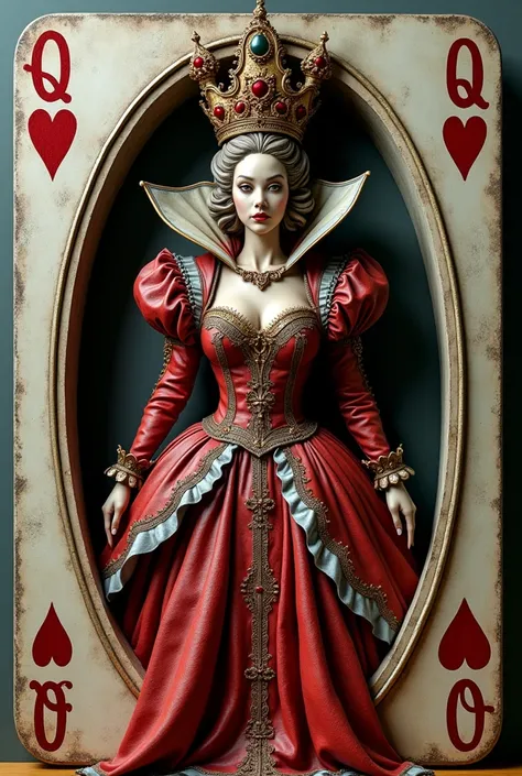 Create Alice in Wonderland-style Queen of Hearts 

side sculpture coming out of a playing card 