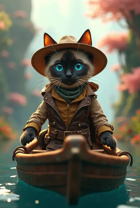  Siamese cat on a boat in a fantasy world,  cute Siamese explorer cat , Explorer Outfit, Explorer hat ,  best size , 4K, 8 k,  high definition, masterpiece,  overdetailed ,  realistic , photo realistic , photo- realistic , HDR, contract,  studio lighting, ...