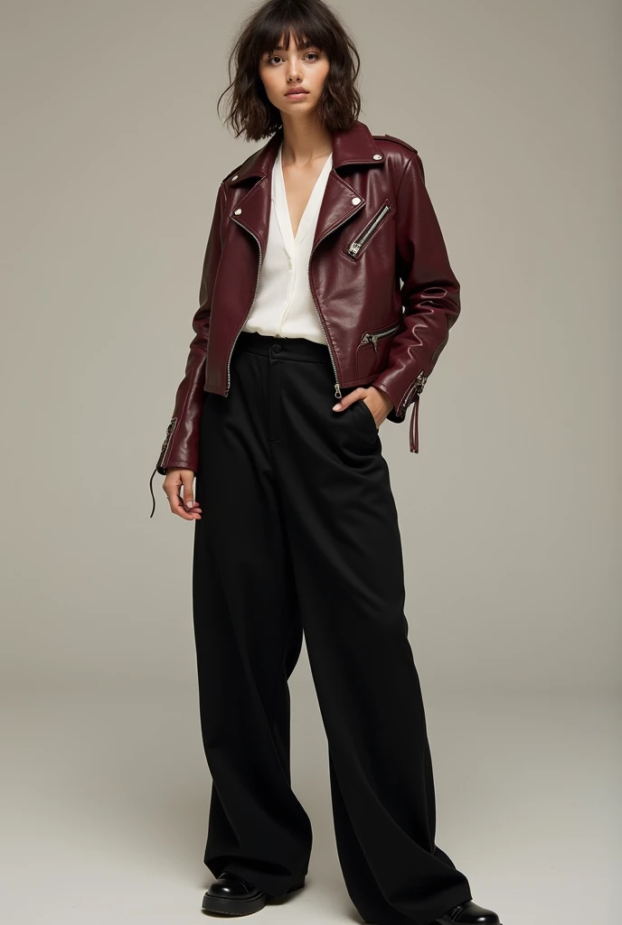  Create a youthful outfit with a wine-colored leather jacket, oversized black pants and a white blouse  