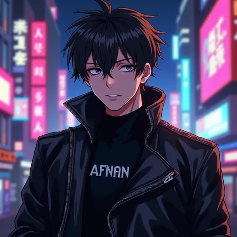 "Create an anime-style male character with strikingly handsome features. He is wearing a sleek black jacket with a stylish modern design, featuring metallic zippers and a high collar. The name AFNAN is prominently written on the chest of the jacket in bold...