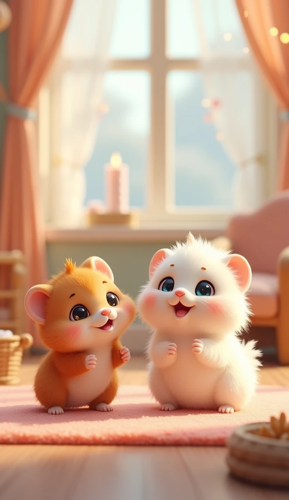 Create a 3D-rendered original character featuring a fluffy, round kitten, a white Shima Enaga bird, and a chubby hamster. The kitten has soft, voluminous fur, big sparkling eyes, and a cute expression. The Shima Enaga bird has pure white feathers and a gen...