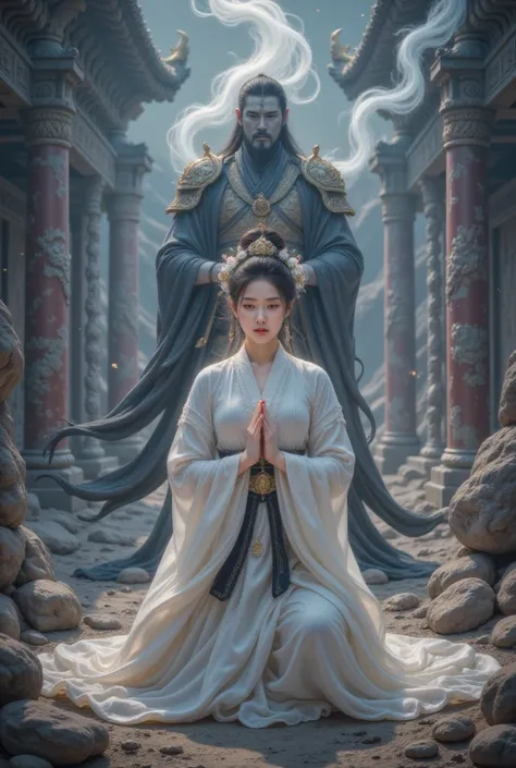 From a birds-eye view, ，Ancient City Ruins/Ruins of ancient cities / Ruins of ancient cities，， of a Japanese man dressed in a white top and black bottom The shrine maiden is amazingly beautiful,  poses in a prayer pose ，Exudes a sense of tranquility. Howev...