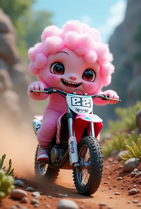 Put this cotton candy character on top of a motocross bike