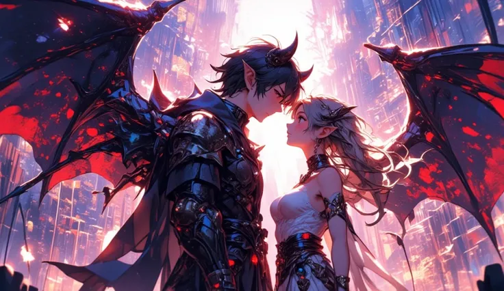 A side view of a couple gazing into each others eyes, the man with short horns, short hair and demon wings, the woman as an elf with long flowing hair, digital art, fantasy, beautifully detailed, ethereal atmosphere, soft lighting, vibrant colors, romantic...