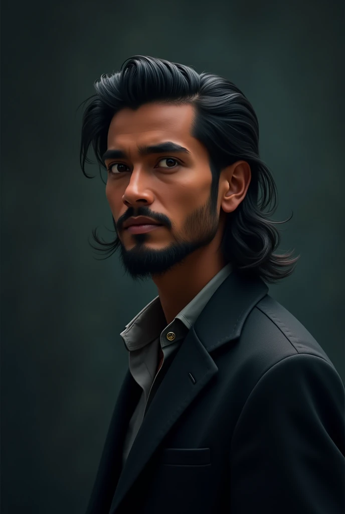 make Disney Pixar poster movie. The character is a indonesian man. The man with thin beard and long slick back hair. full body dark background