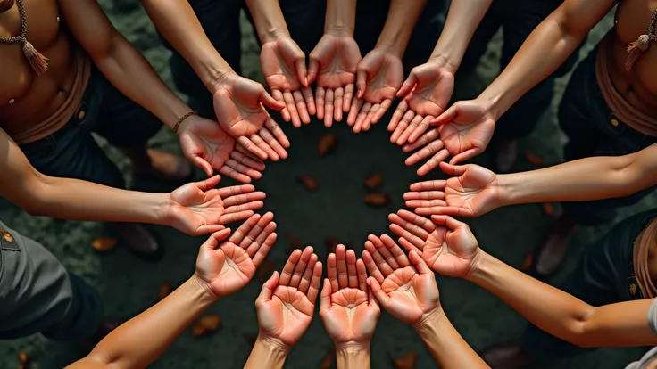 (( best quality)), ((masterpiece)), ( Details),  best quality ,  super high resolution, ( photorealistic :1.4),A picture seen from above of 8 people arranged in a circle with reddish-purple brown skin on their palm showing each other 、円形に並んだ8人がお互いに見せ合っているの...