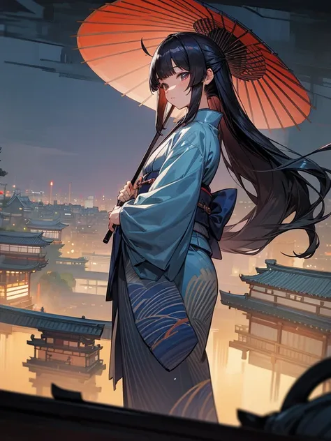 theme「 Blue Kimono （Long-sleeved kimono） wearing a Japanese umbrella with both hands 」、 style 「Long hair with black bangs 、 on the sides {x} tied to the ends of the hair with round balls」。、background「 fantastic cityscape of Kyoto at night 」、 animated illus...