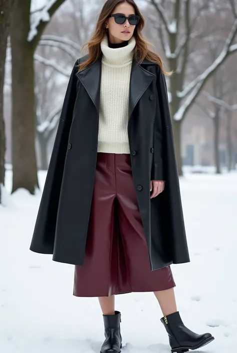 Create a winter outfit with a semi-long black leather cape with a white sweater down and a wine-colored knee-length leather skirt and short black boots 