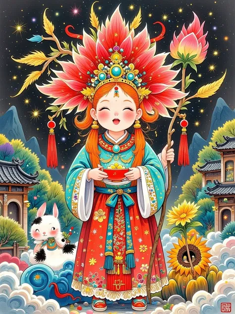 Ancient Chinese mythology ， Chinese horror， shadows of the trees around ， with strange patterns on her face ，Black lips，Dark，Red long skirt， long red hair ， The headdress is a dark red equinox flower， is surrounded by dark fog ， The flower petals are as go...