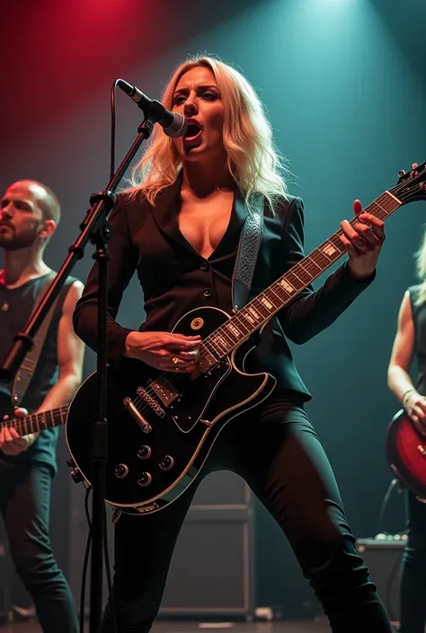 Heavy metal band, sparse standing members, female, blonde hair, intense promotional photos, vocal emphasis, shouts, realism, optimal lighting, mic stand, singing while playing guitar, bust-up angle, sexy outfit, guitar solo, gestures to rouse audience, (po...