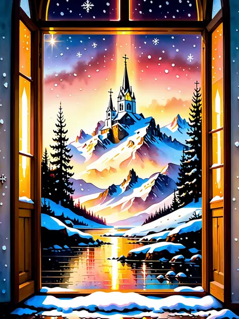  A small white church in the snow shines yellow ， with red spires and warm yellow light shines through the window， under a snowy mountain in the distance ，Under the sky at dawn ， The sky has a faint aurora ，Shows a peaceful winter scene， soft light， The de...