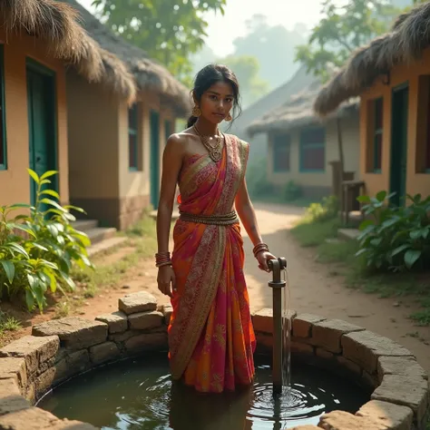 Realistic 4K Ultra HD quality images, A 25 year old beautiful Indian girl wearing a saree is filling water from a well in a small village. Realistic 4K Ultra HD quality images