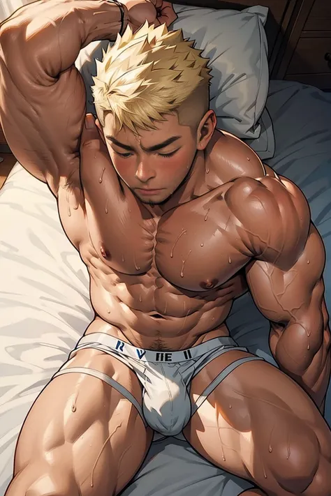 ((nsfw)), ((masterpiece)), ((best quality)), ((perfect anatomically)), ((high detailed)), 1 boy, cute baby face, (embarrassed look), (blush), ((yellow short hair)), bulky body, bulge, huge butt, cock, erection cock, (straight up cock), (hard cock), undercu...