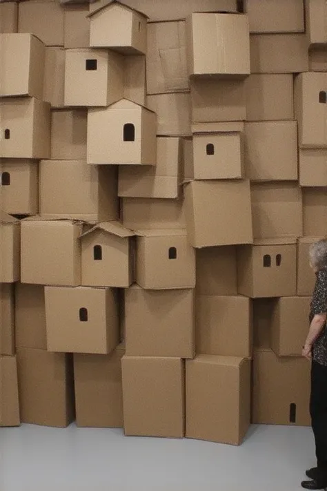 Mister.々  room-shaped cardboard box attached to the room wall, made of Cardboard, Cardboard tunnels, Cardboard, Cardboards ; confusion,   sci-fi style favella sculpture  ,   stacked cardboard houses  , Crazy, box, Food, sealing beads   |,   On the theme of...