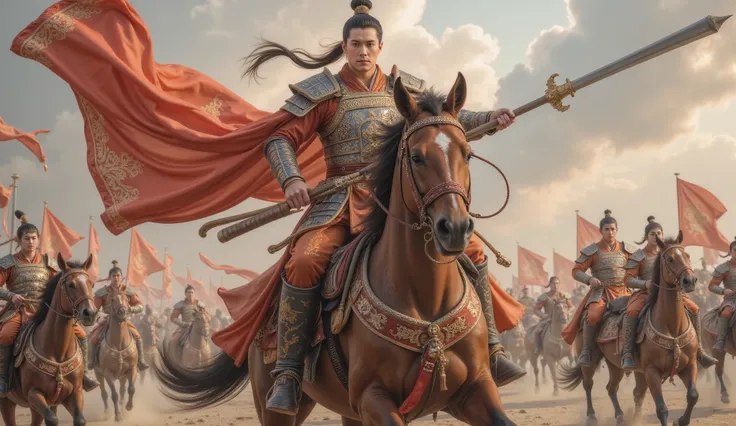 Tang Dynasty, battlefield,男人身披Tang Dynasty铠甲,Man riding horse , Holding a weapon , His eyes were full of murderous aura 。