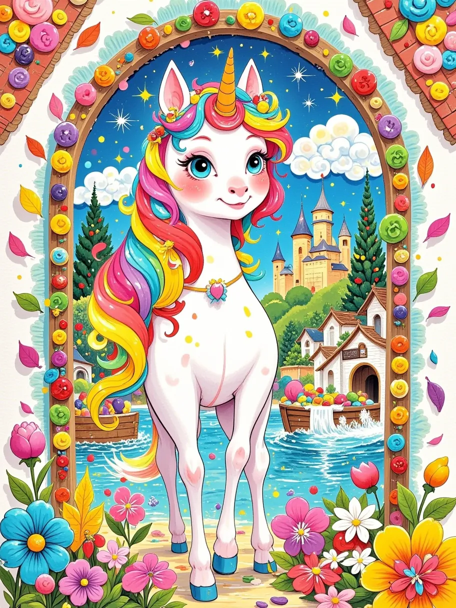 in this corner of a fairy tale world ， a dazzling rainbow unicorn stands gracefully in the center of a candy house， its mane shi...