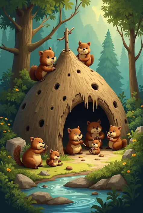 illustration, animals that build a house in the woods 