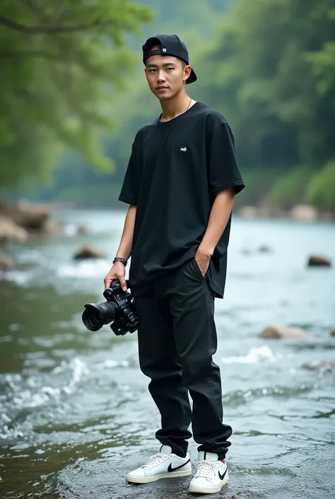  Portrait of a handsome young man of Korean race undercut hair  ,  thin smile Dress style black t-shirt black jeans white Nike shoes ,  is in a river holding a camera shot  , wear a snapback hat  ,  high ratio macho fulhd style  