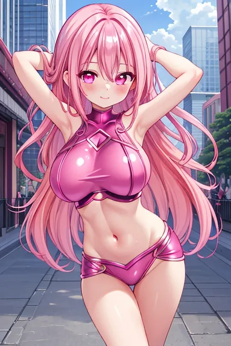 1girl, best quality, looking at viewer, kawaii, shiny skin, shiny clothes, pink outfit, super heroine, navel, midriff, bare stomach, mant, fantasy, huge breasts, long hair, pink hair, wavy hair, pink eyes, smile, arms up, blush, closed mouth, cityscape, ou...