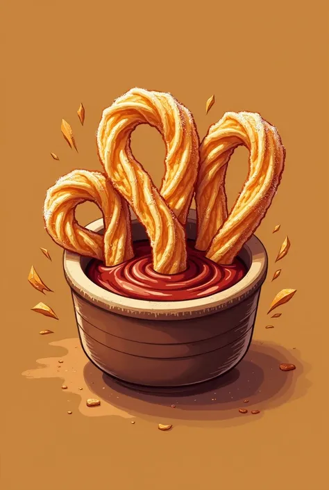 Make me a logo about CHURROS in a dipping sauce and has a name crunchy curls