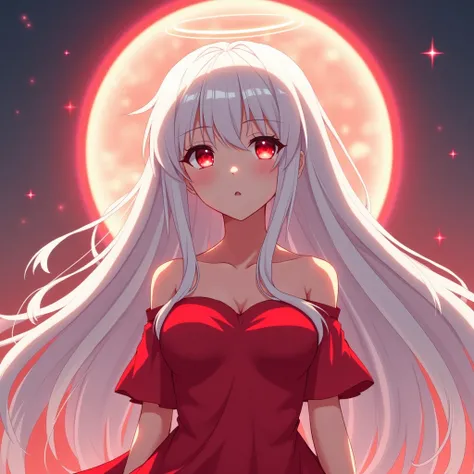 Anime, felmale, red eyes, white long hair, red dress, red hallo above head