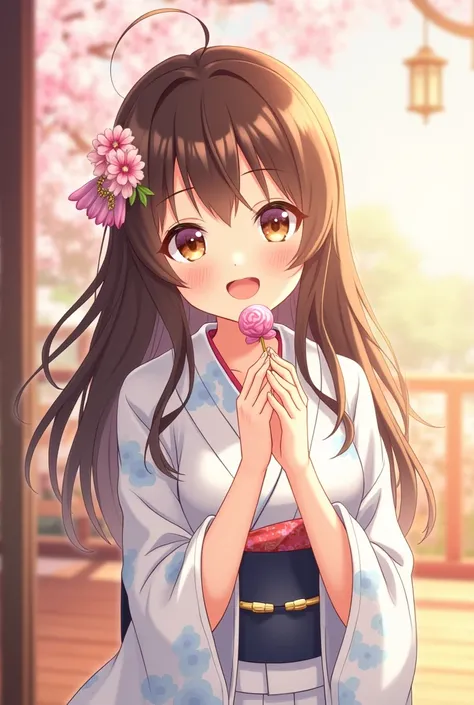  1 girl,  long hair,  smiles, Brown Hair, Yukata summer apple candy anime, 