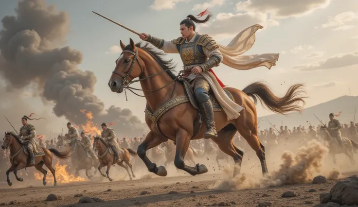 Tang Dynasty， battlefield，男人身披Tang Dynasty铠甲，Man riding horse   ，  Holding a weapon ，  His eyes were full of murderous aura 。The weapon stabs the enemy，