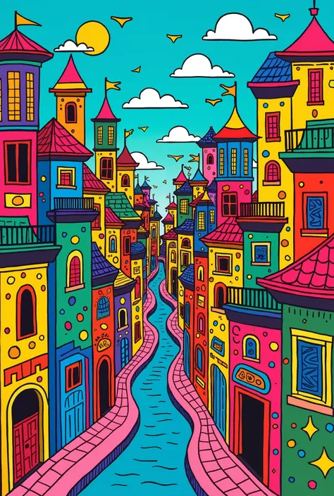 Illustrazione di una città funny fronte view in stile romero britto