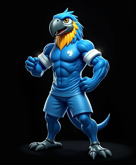 Draw a blue macaw mascot  , strong and muscular ,  thick and muscular legs , fierce face, yellow-necked wearing a light blue soccer team jersey with white collar and white sleeve cuff ,  image in high resolution and high definition .
