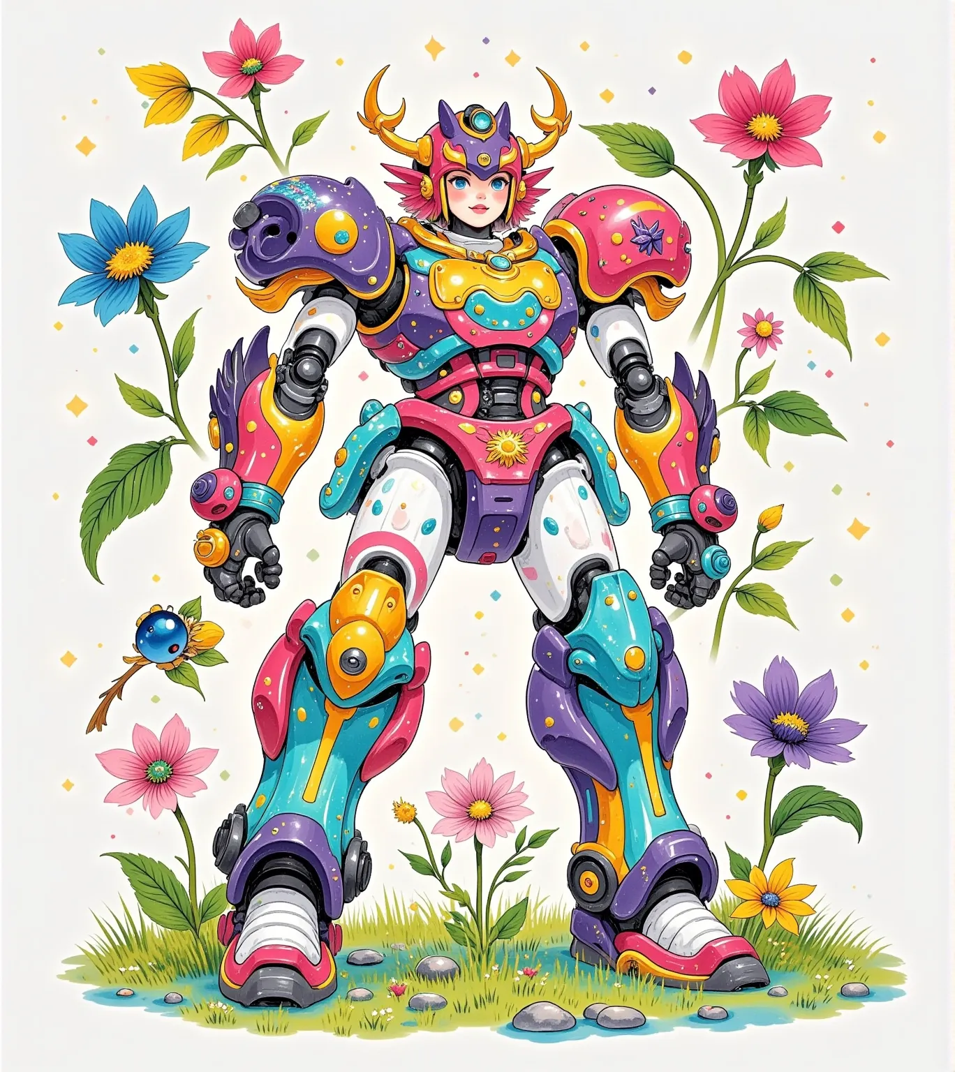 future tech mecha , flower fairy, modeled after a flower ,  designed as a mecha fighter , whole body覆盖着自然色彩的装甲, , equipped with ...