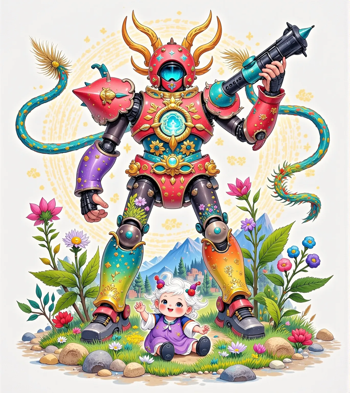 future tech mecha , flower fairy, modeled after a flower ,  designed as a mecha fighter , whole body覆盖着自然色彩的装甲, , equipped with ...