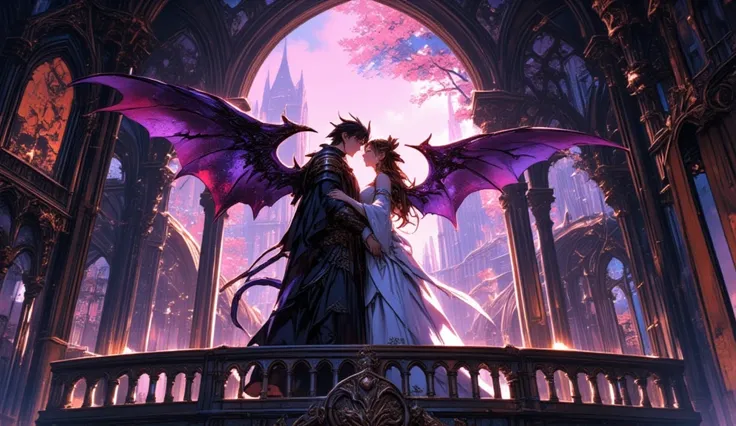 A side view of a couple gazing into each others eyes, the man with short horns, short hair and demon wings have medieval clothes of a court, the woman as an elf with long brown hair, they are at a balcony under a gothic arc, digital art, fantasy, comic sty...