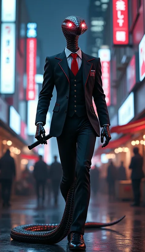 An elegant anthropomorphic snake slithers upright like a human through the vibrant streets of Akihabara, dressed in a black suit with glowing red accents. Its cybernetic eyes scan holographic billboards and bustling crowds while carrying a sleek katana in ...