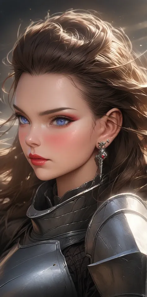  high definition,  Realistic anatomy,  best size ,  In detail,  high detail,  high quality ,A girl in knight armor with a sword to fight the dragonLong hair,  brown hair , Floating hair, Breasts,  big breasts , earrings, makeup,  blue eyes, Light blush, sc...