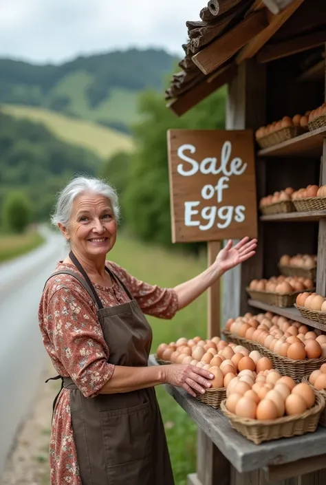 White Woman Selling Eggs, Pointing to a large sign that reads "Sale of eggs"