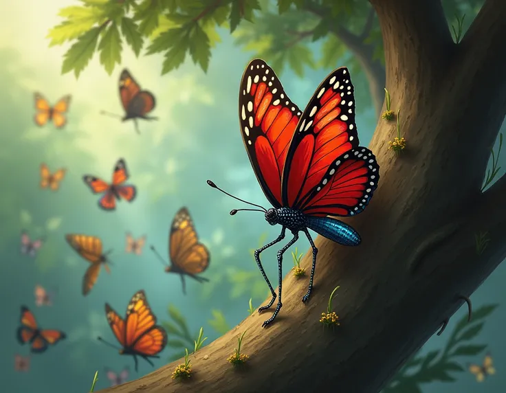 GENERATE AN IMAGE OF A DRAWING OF A BUTTERFLY WITH RED WINGS BLUE ANTENITES TRAPPED ON A BRANCH OF A TREE UNABLE TO FLY AND MANY BUTTERFLIES LOOKING AT IT 