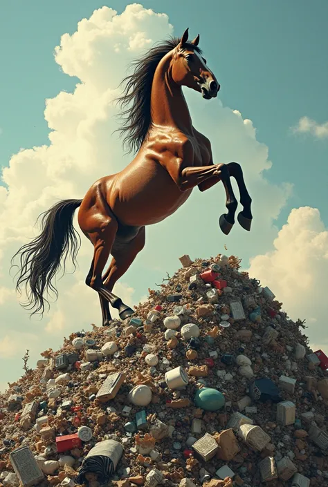 Horse on 2 legs on a pile of garbage ,  that represents the freedom of July 20 and is a criticism of sustainability 

