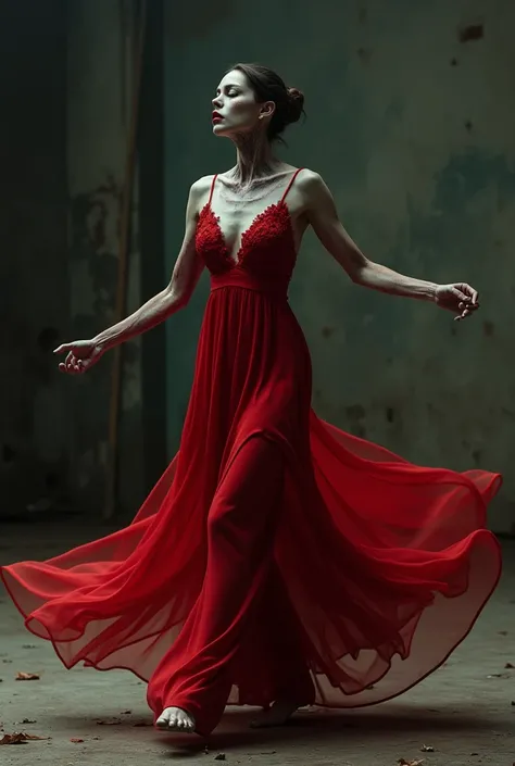 a dancer , zombie, beautiful and elegant, With a red dress