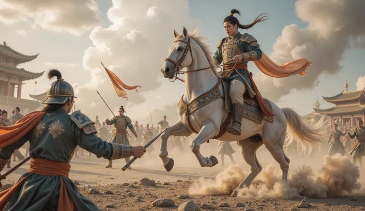 Tang Dynasty, battlefield,男人身披Tang Dynasty铠甲,Man riding horse , Holding a weapon , His eyes were full of murderous aura 。The weapon stabs the enemy,