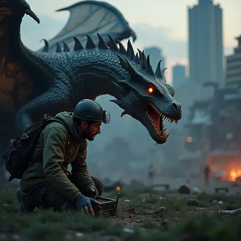 dragon, apocalyptic atmosphere, Barcelona skyline in background, engineer in streetwear, crouched hiding pose, soccer field foreground, chaotic debris scattered, dim twilight lighting, shadows cast by crumbling buildings, dragons scales metallic and weathe...