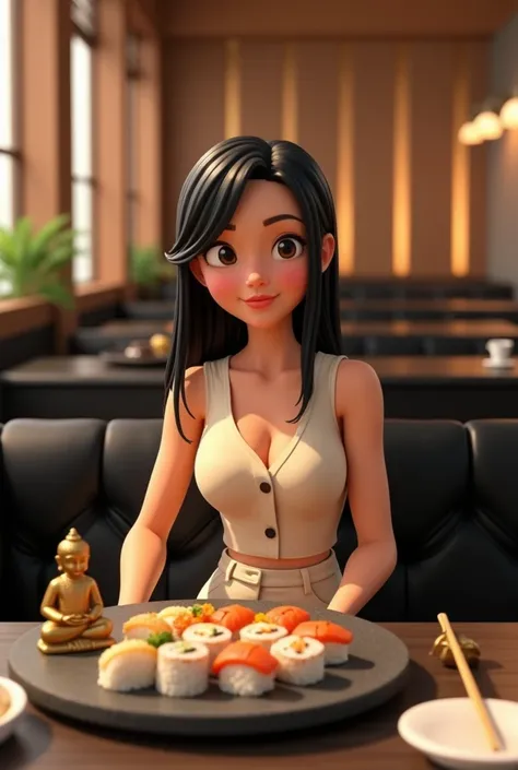 Woman 30 years, long straight black hair, wearing creme short sleeveless buttoned vest and creme long loose trousers with white sneakers. At Sushi restaurant with wood slat paneling in walls, black rectangular tables, sitting on black leather upholstered b...